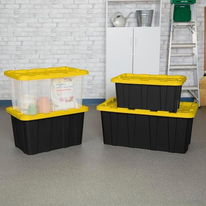 Sterilite Industrial Storage Tote with Lids for Garage, 27 Gallon, 4-Pack | Heavy-Duty and Stackable Utility Box Containers for Home, Office, and Basement Organization, Black/Yellow