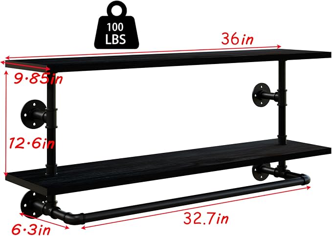 Clothes Rack 36in, 2-Tier Wall Mounted Garment Rack with Real Wood Shelf, Heavy Duty Hanging Clothes Rack, Multi-Purpose Hanging Rod, Space-Saving Closet Storage