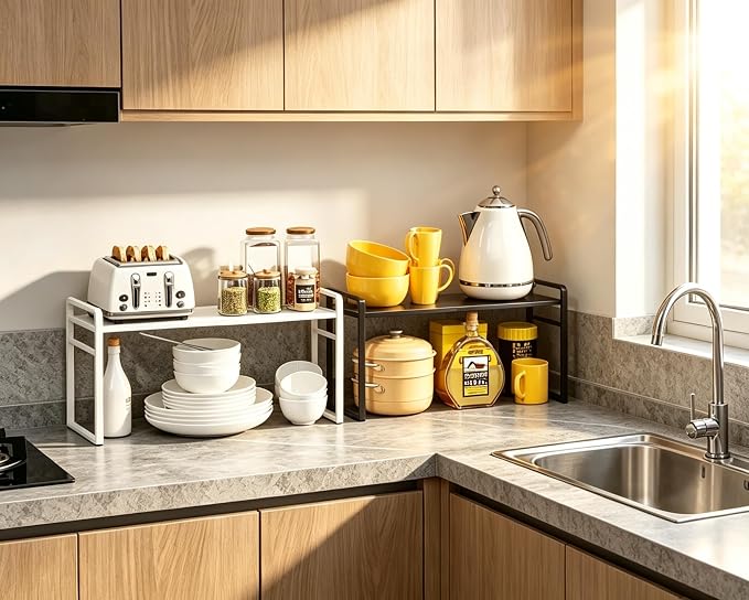 Expandable Cabinet Shelf Organizer Riser for Kitchen Pantry Cupboard Under Sink Countertop,Kitchen Cabinet Shelf (White) | Expandable