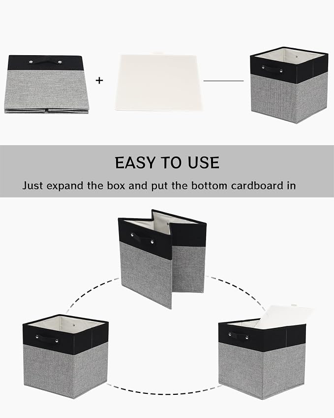 FinishingBo 13 inch Cube Storage Bins with Handles 6 Pack | Foldable Linen Storage Baskets, Closet Organizers, Shelf Baskets, Black Grey
