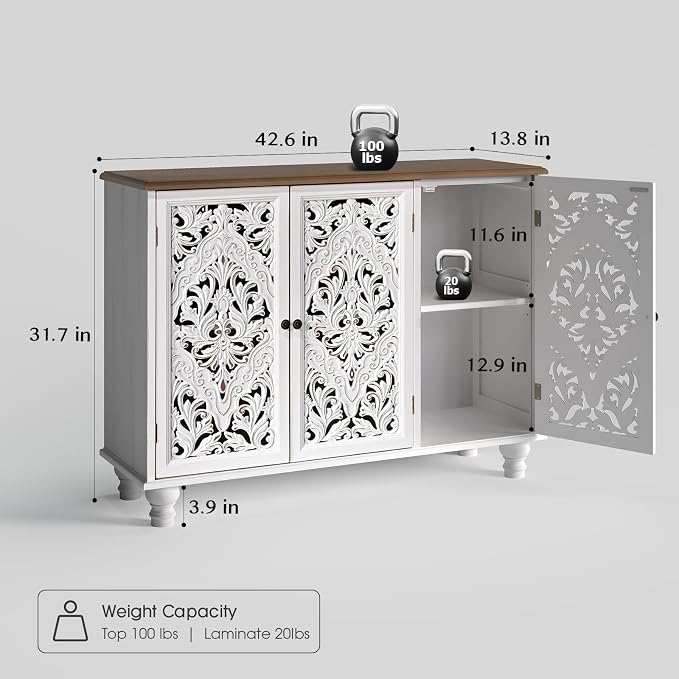 JOINICE 42.5" Accent Storage Cabinet with 3 Carved Doors,Mandala White | Versatile Storage for Living Room & Dining Room & Bedroom & TV Stand, Solid Wood Legs, Boho/Farmhouse/Rustic, Easy Assembly