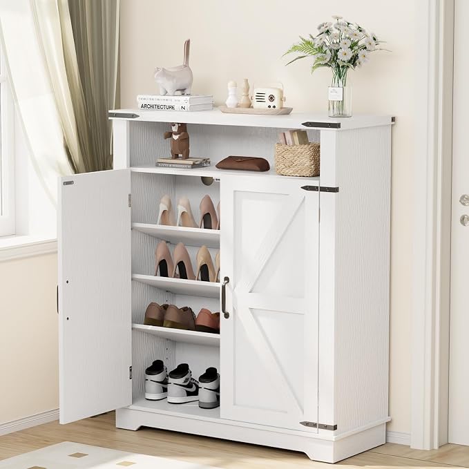 ALLSTAND 6-Tier Shoe Cabinet with Doors, Entryway Shoe Rack Shoe Storage Cabinet with Adjustable Shelves & Anti-tip Fitting, Farmhouse Shoe Cabinet Storage for Entryway, Living Room, Closet