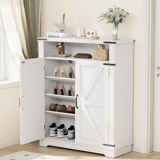 ALLSTAND 6-Tier Shoe Cabinet with Doors, Entryway Shoe Rack Shoe Storage Cabinet with Adjustable Shelves & Anti-tip Fitting, Farmhouse Shoe Cabinet Storage for Entryway, Living Room, Closet