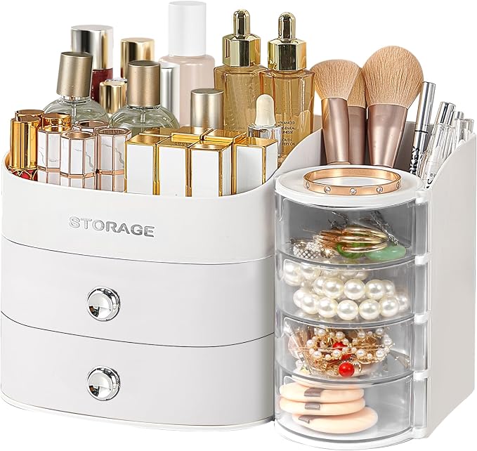 Makeup Organizer Countertop with Drawers, Make up Organizers for Vanity | Skincare Jewelry Earring Organizers, Cosmetic Display Cases Makeup Storage for Bathroom|Dresser, Ideal Gifts for Women(White)