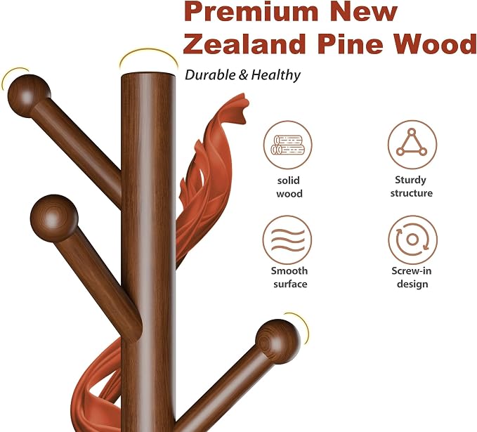 8-Hook Freestanding Coat Rack 3 Heights Safe Round Tips Brown | Smooth Round Tips Prevent Slipping,Tool-Free Assembly,Holds Clothes Hats Handbags,Ideal for Entryway Bedroom Hallway Office