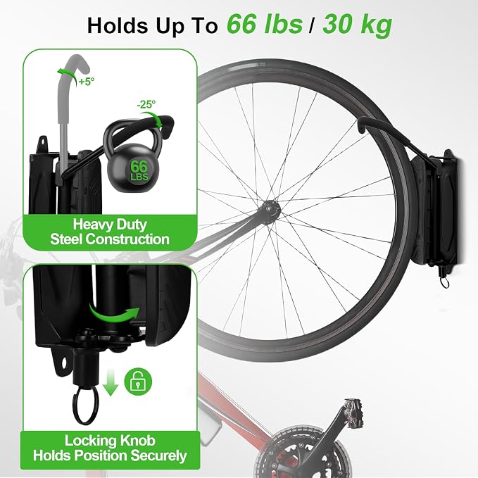 Bike Wall Mount, 4 Pack Heavy Duty Bicycle Hangers for Garage Storage | Space Saving Vertical Bike Rack Holds up to 66 lbs, Swivel Bike Hooks for MTB & Road Bikes, Easy Install
