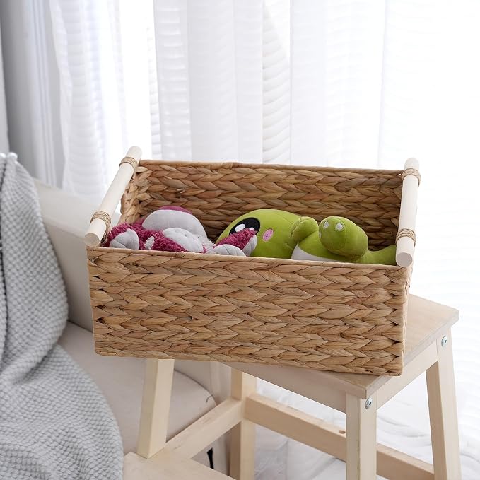 Woven Storage Basket, Small Wicker Organizer, 11.6x8.1x4.9 | 11.6x8.1x4.9" small natural woven basket with handles; compact wicker organizer for shelves, pantry, bathroom and gifting.