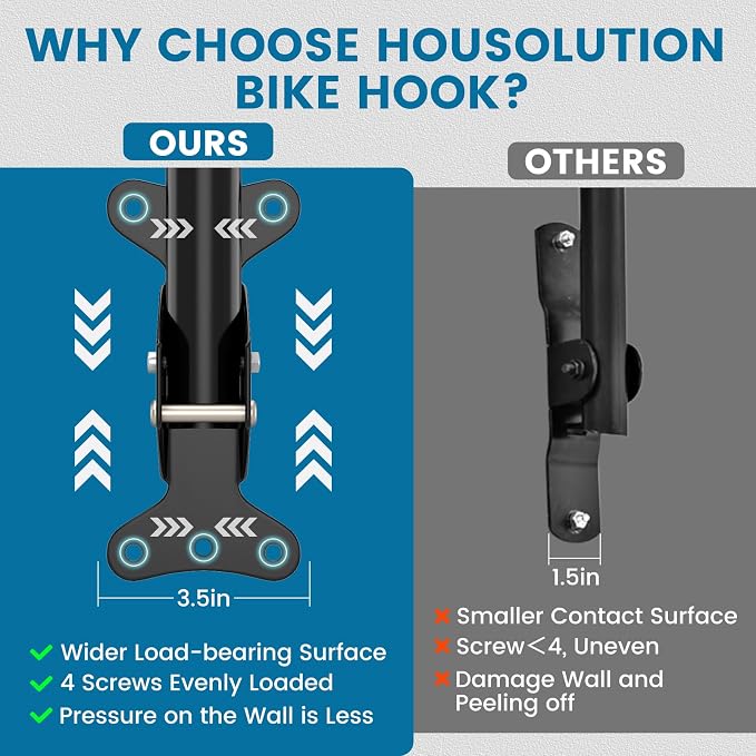 Housolution Bike Wall Mount - [2 Pack] EVA Foam Padded up to 48.5 lbs | Carbon Steel, Valve Mechanism, Heavy-Duty Adjustable Bike Wall Hanger for Road, Mountain and Hybrid Bikes, Garage & Apartment