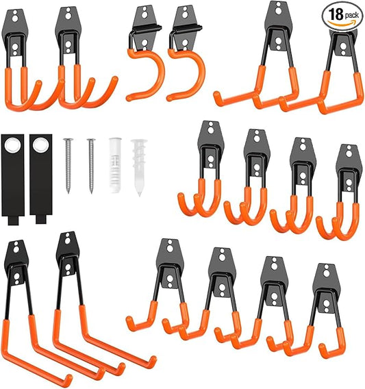 Heavy Duty Garage Hooks 18 Pack, Utility Steel Wall Mount Hook | Garage Storage Hooks with Non-Slip PVC Coating for Bike, Ladder, Tools, Hose & Garage Organization