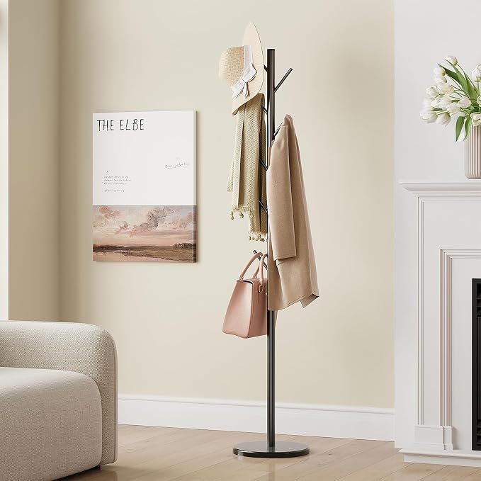 ELYKEN Coat Rack Freestanding, Metal Coat Rack with Natural Marble Base | 10 Hooks, 3 Adjustable Heights, Heavy Duty Coat Tree for Entryway, Hallway, Bedroom, Office, Black
