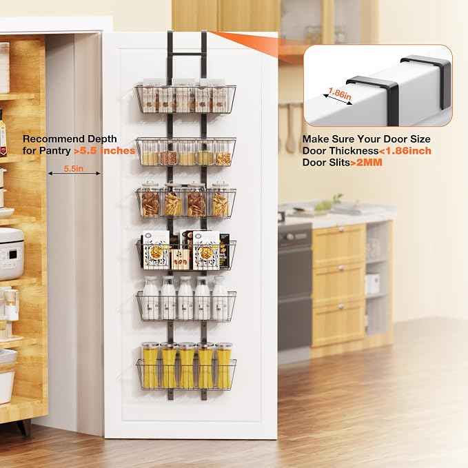 6 Tier Over the Door Pantry Organizer, Over the Door Spice Rack with Adjustable Baskets, Metal Hanging Door Pantry Organizers and Storage for Kitchen Bathroom Bedroom, Black