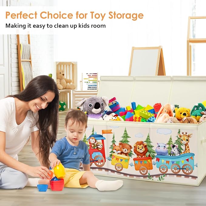 Large Toy Box Collapsible Chest Organizer with Flip Lid for Kids | Oxford Storage Box with Handle for Boy Girl Sturdy Waterproof Organizing Decor for Bedroom Playroom Nursery 37.7×12.5×15.7''