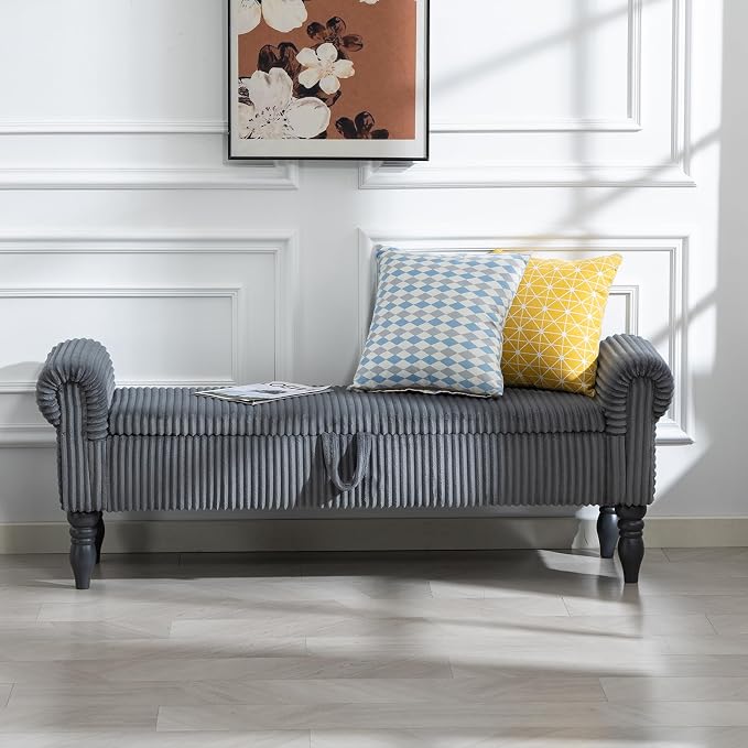 60" Corduroy Storage Bench, Queen End of Bed, Grey | Corduroy Upholstered, Bedroom/Entryway/Closet, Storage Ottoman Bench, Window Seat, Lift-Top, Tufted Button, Solid Wood Legs.