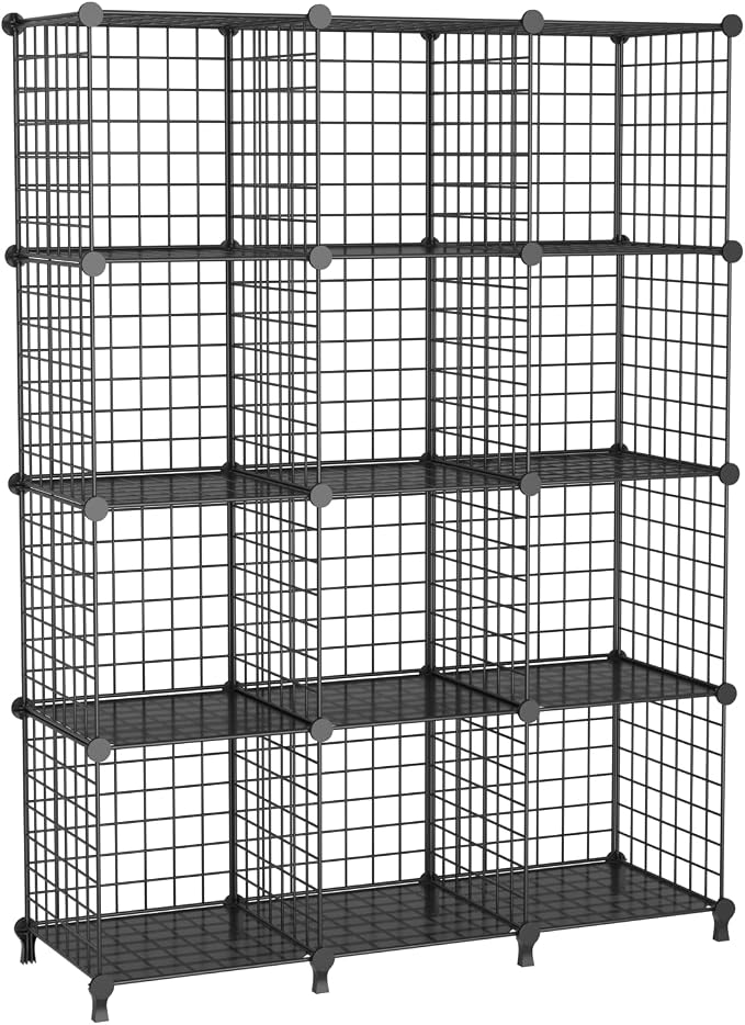 12-Cube Storage Organizer Metal Wire Shelf for Closet Office Black | Sturdy 11.8" metal wire grid, modular snap-together, tool-free. Versatile for bedroom, closet, office, craft, entryway