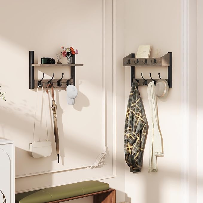 YMYNY 31.5" Coat and Key Rack Wall Mount with Shelf, Silver Gray, HWS007Y-2 | 4-in-1 Coat and Key Hanger with 12 Metal Hooks, Entryway Wall Shelf with Hooks & Mail Holder for Living Room, Bedroom