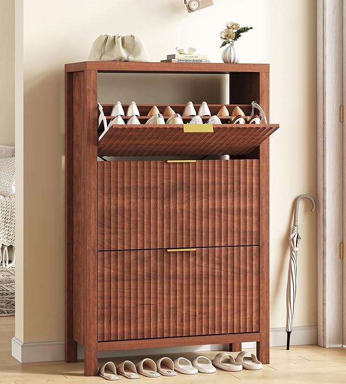 32" Fluted Shoe Cabinet Storage with 3 Flip Drawers for Entryway, Hallway | Hidden Shoe Rack Slim Freestanding Shoe Organizer with Legs for Hallway, Living Room, Red Walnut