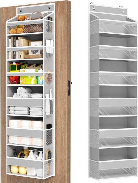 6 Tiers Over The Door Organizer, Behind The Door Storage Hanging Shelves | Heavy Duty Hanging Organizer Storage with Large Capacity Pockets for Closet Wall Bathroom Bedroom Nursery Pantry, 1 Grey