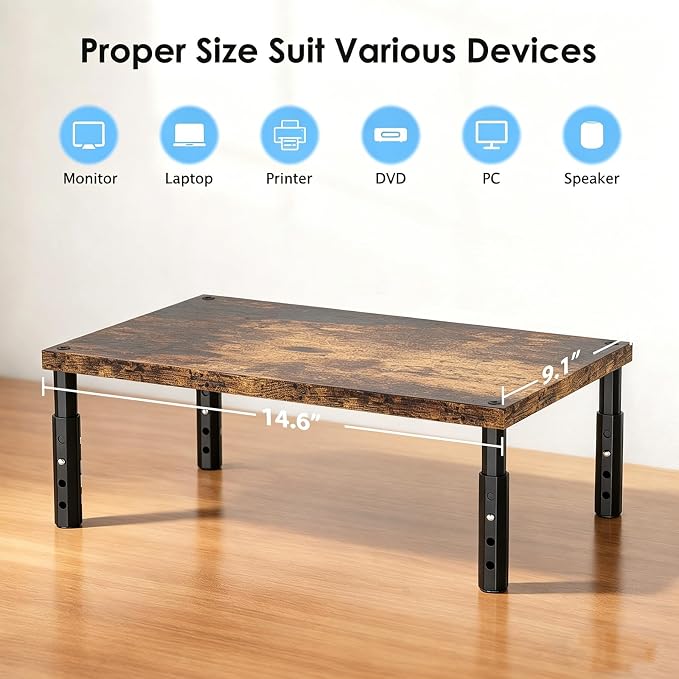 Adjustable Monitor Stand Riser for Desk, Computer & Laptop Stand, Desk Organizers and Accessories, Office Desk Accessories & Workspace Organizer for Home Office, Brown Wood