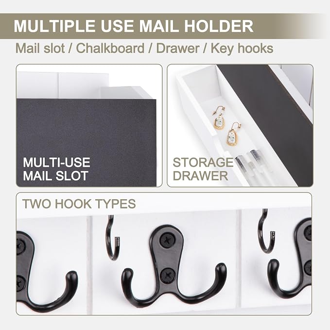 Mail and Key Holder Wall Mount with Storage Drawer & Chalkboard Panel | Modern Wooden Mail Organizer for Wall Entryway, 7 key hooks, Stylish Home Decor for Apartments, Living Room, Office