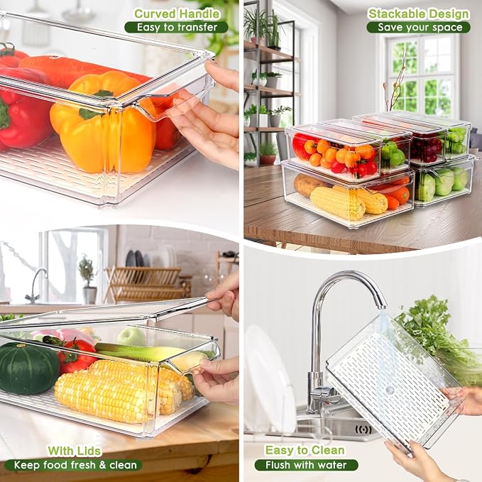 ZIJUND 6 Packs Fridge Organizers and Storage, Refrigerator Organizer Bins | Stackable BPA-Free Refrigerator Organizers and Storage Containers for Fruit, Vegetable, Food, Drinks, Cereals, Clear