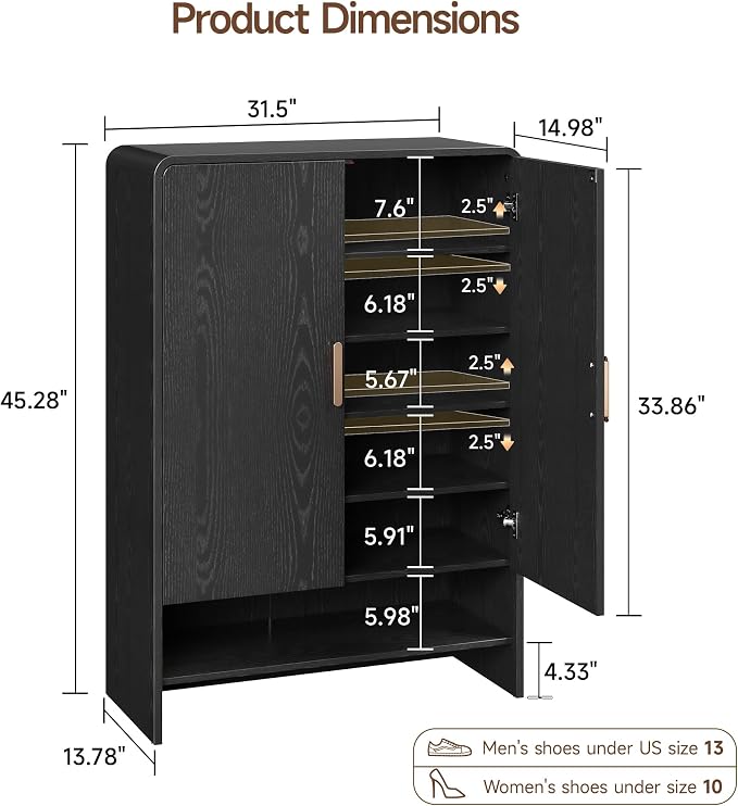 6-Tier Shoe Storage Cabinet, 45'' Large Farmhouse Shoe Cabinet for Entryway, Modern Wooden Shoe Organizer Cabinets with Doors and Shelves, for Front Door Hallway (Black)