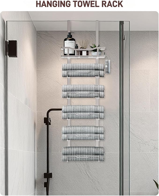 Aetyord Hanging Towel Racks for Bathroom No Drill - Over The Door 6-Tier Bath Towel Storage Organizer for Small Bathrooms-Back Door Large Tiered Towel Holder Hanger for Rolled Towels RV Camper Silver | 6-Tier Over The Door Bath Towel Storage Organizer ...