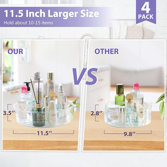 Guzon 4 Pack Lazy Susan Turntable, 11.5" Rotating Organizer with Handles | Pantry Organizers and Storage, Clear BPA-Free Spice Rack for Cabinet, Kitchen, Refrigerator, Table Top, Pantry, Countertop