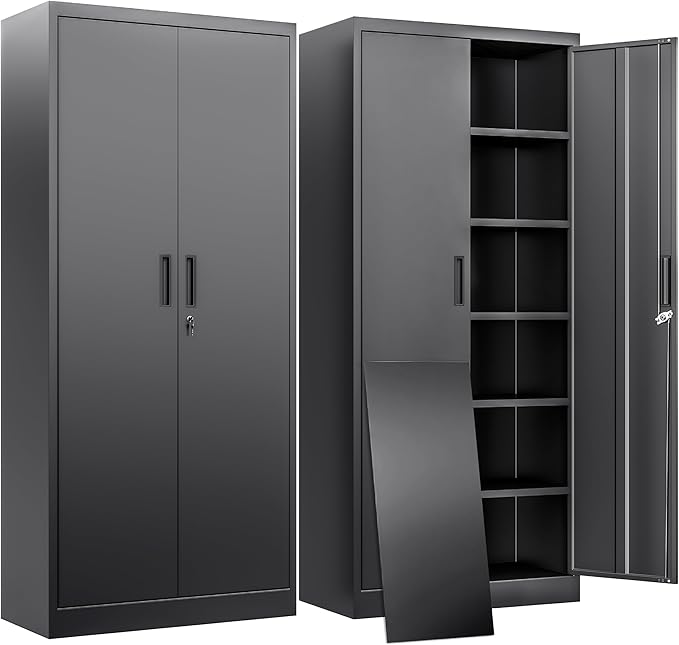 BESFUR Metal Storage Cabinet with 2 Doors and 5 Adjustable Shelves Garage Storage Cabinet with Lock 71" Office Storage Cabinets Locking Cabinets for Garage Office Shop Home (Black)