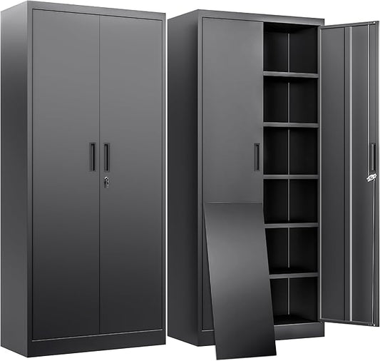 BESFUR Metal Storage Cabinet with 2 Doors and 5 Adjustable Shelves Garage Storage Cabinet with Lock 71" Office Storage Cabinets Locking Cabinets for Garage Office Shop Home (Black)