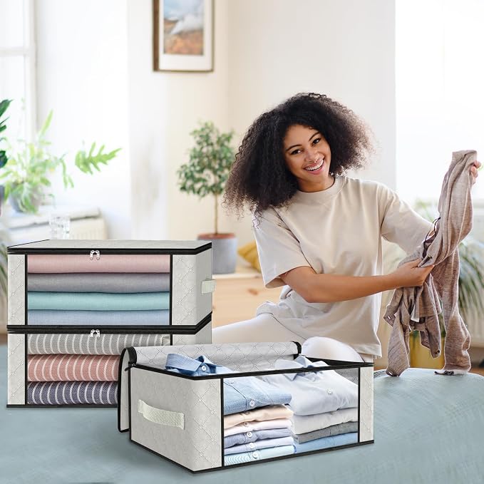 HomeHacks 3-Pack Clothes Organizer Storage Bags, 35L Storage Bins, White | Foldable Storage Box Container with Zippers, Clear Window, Reinforced Handles for Closet, Dorm, Pillows, Bedding, Sweater