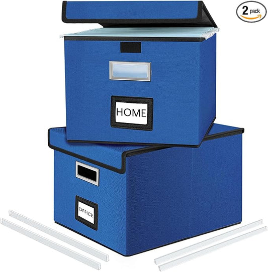 File Organizer Box with Lids, Collapsible File Folder Organizer | File Box with Plastic Slides for Document, Filing Bin for Letter Size Hanging File Folders (2 Pack, Royal Blue)