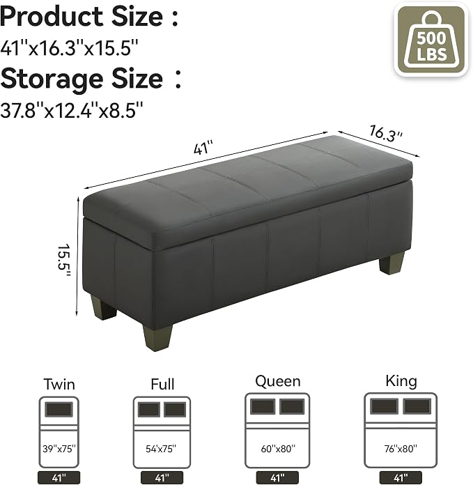 WUTUTUEE 41" Faux Leather Storage Ottoman, Stitch Tufted Rectangle Upholstered End of Bed Storage Bench, Entryway Large Couch Ottoman with Wooden Legs,Dark Grey