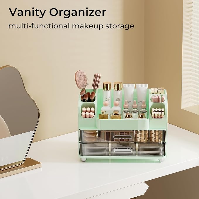 UFORU Makeup Organizer Countertop with 2 Large Drawers for Vanity Bathroom | Brush Holder, Large Capacity, Thickened Plastic, Compact Footprint, Space-Saving Design, Easy Clean, Ideal for Dorm Rooms