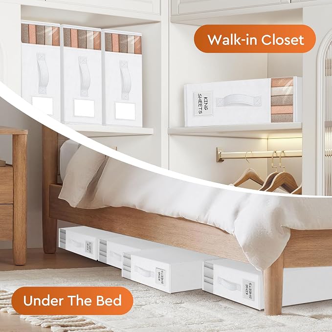 StorageTastic 4 Pack Bed Sheet Closet Organizers and Storage,Sturdy Foldable Storage Containers with Window and Label,Storage and Organization for Bedding Sheets,Duvet Covers,Blankets (White)