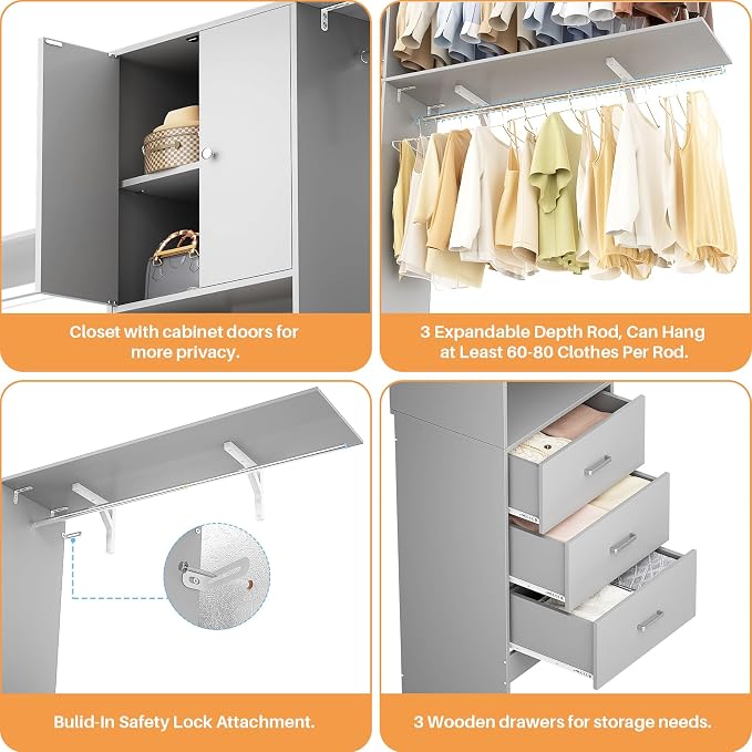 120 Inches Closet System With Doors, 10FT Walk In Closet Organizer with 3 Shelving Towers, Heavy Duty Clothes Rack with 3 Drawers, Built-In Garment Rack, Max Load 1300 LBS, Grey