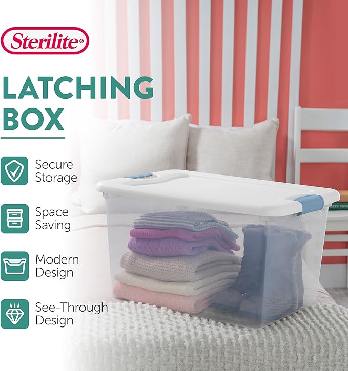 Sterilite Latching Box with Lids for Home and Office, 64 Quart, 8-Pack | Heavy-Duty and Stackable Plastic Containers with Latches for Closet, Cabinet, Bedroom, Bathroom and Dorm Room Organization
