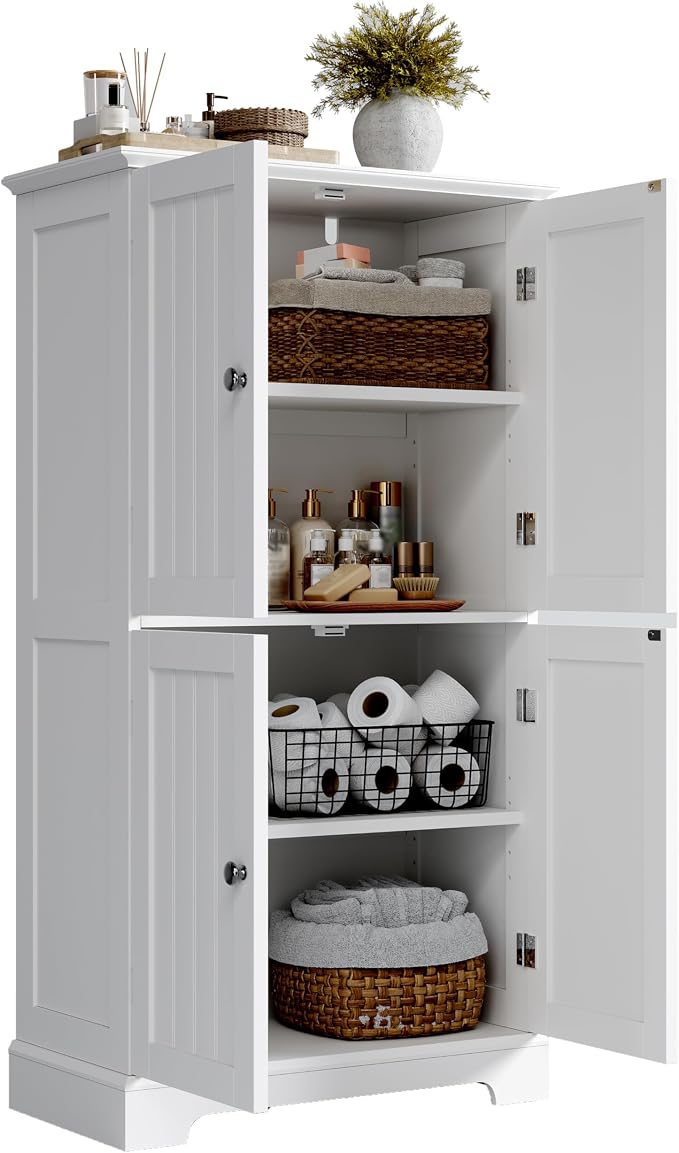 ChooChoo Bathroom Floor Cabinet with Adjustable Shelves | Bathroom Storage Cabinet, 4 Doors, Freestanding Cupboard for Living Room, White