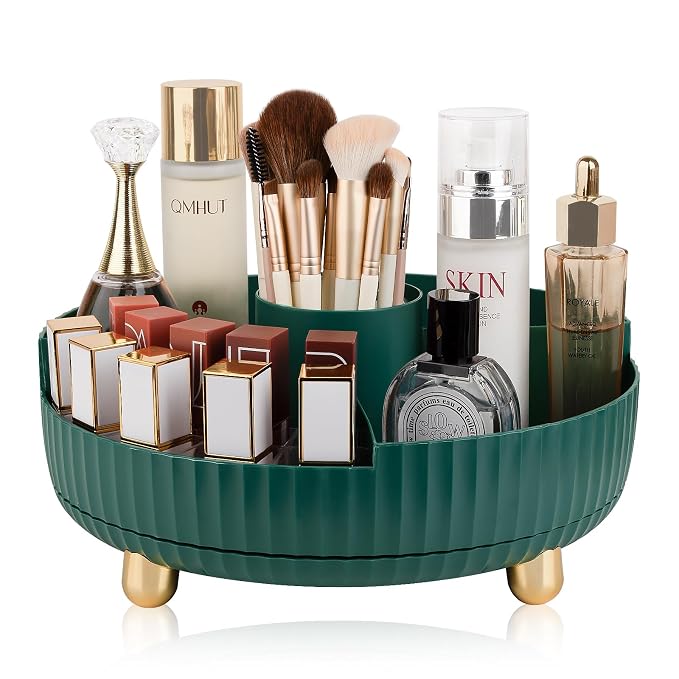 360 Rotating Makeup Perfume Organizer Skincare with Divider, Large Teal Green