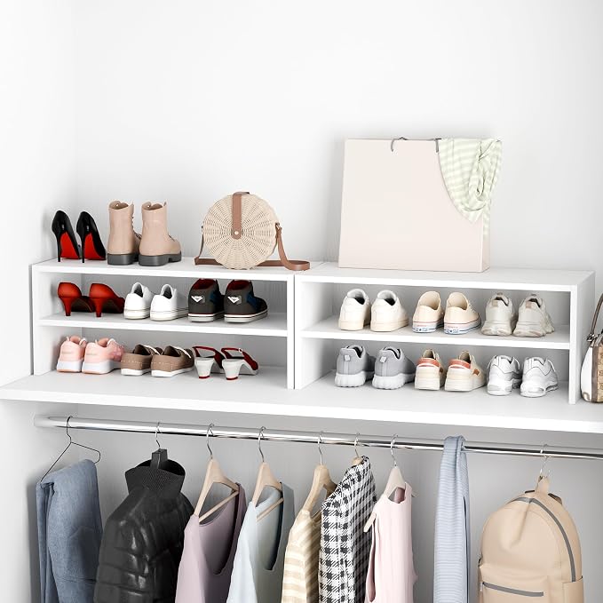 Whitmor Stackable 28" Extra Wide 2-Shelf Storage Organizer,Stackable Wood Combination Shoe Organizer Racks Shelves for Closets, Entryway, Hallway, Garage, White