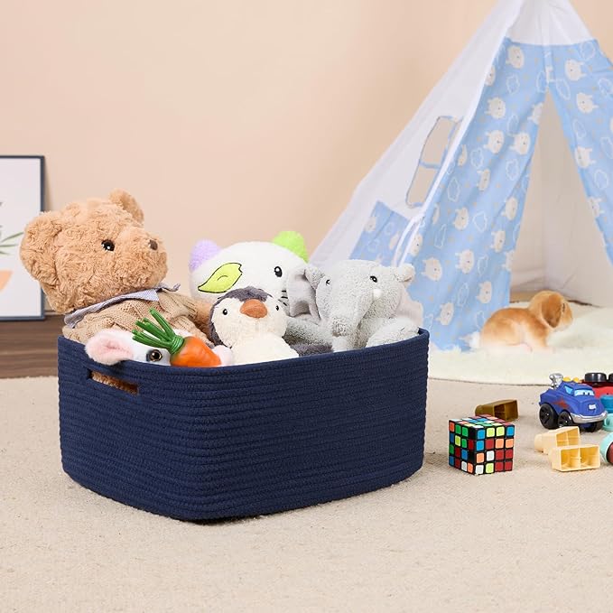 MiniArk Large Storage Baskets for Shelves, 17 x 13 x 7.5” Closet Organizers Bins for Clothes Blanket Towels, Baby Nursery, Toy Baskets Box, Woven Rope Baskets, 3 Packs Navy Blue