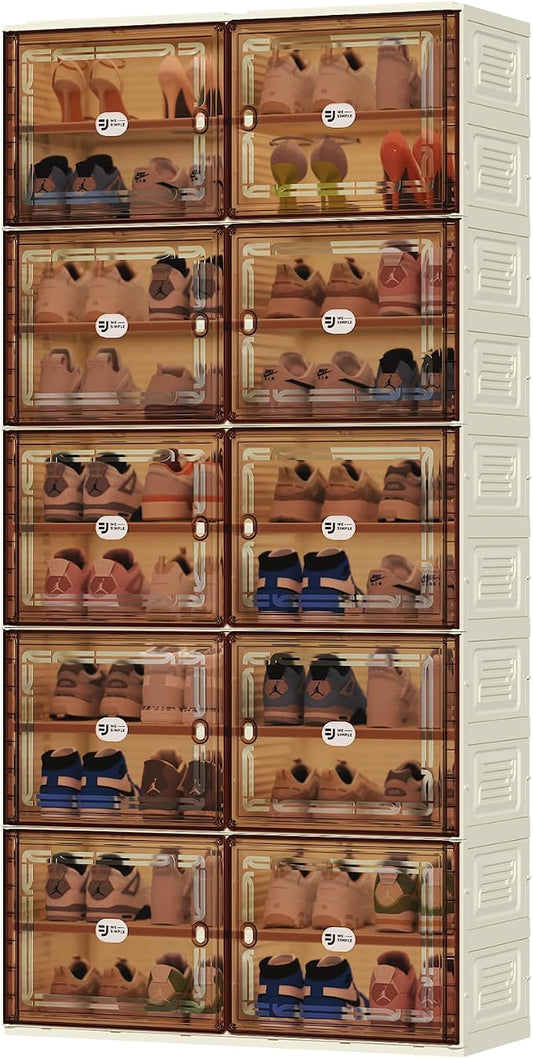 40 Pairs Shoes Storage Cabinet of 3-Step Fast Installation,Plastic Shoe Rack with Clear Magnetic Door for Display，Foldable Shoe Organizer for Entryway, Living Room, Garage (2 Row, 10 Tier)