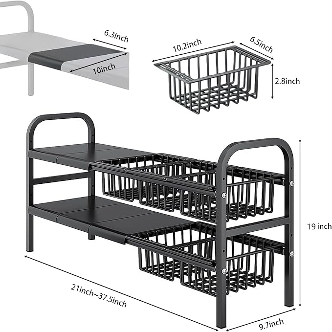 Under Sink Organizer，2 Tier Expandable Heavy Duty Metal Shelf，with 5 Removable Panels and 5 Storage Basket for Under Kitchen Bathroom Sink Organizers and Storage(X-Large,Black)