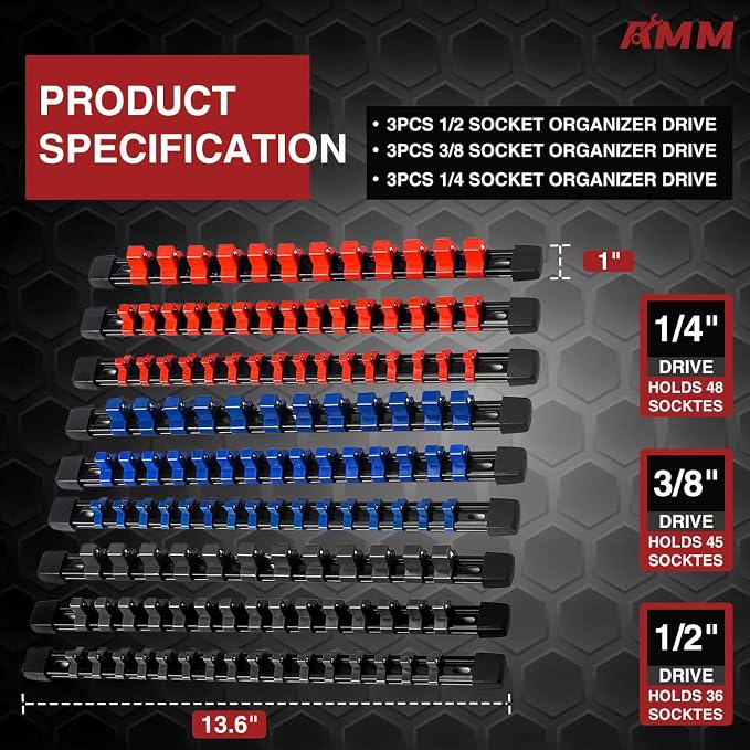 AMM 9-Piece Socket Organizer, 1/2 inch, 3/8 inch and 1/4 inch Drive ABS Tools-Socket Holder,Heavy Duty Socket Racks, Premium Quality Socket Clip Rail Holder,The best tool trays in the garage