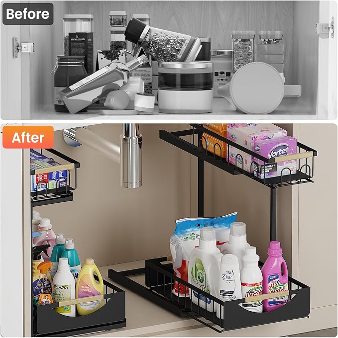 Under Sink Organizer and Storage 2 Tier Cabinet Pull Out Shelf Organizers | 2 Pack 2 Tier under sink storage for Bathroom and Kitchen Slide Out Drawer Organization for Home Cabinets Shelves and Drawers