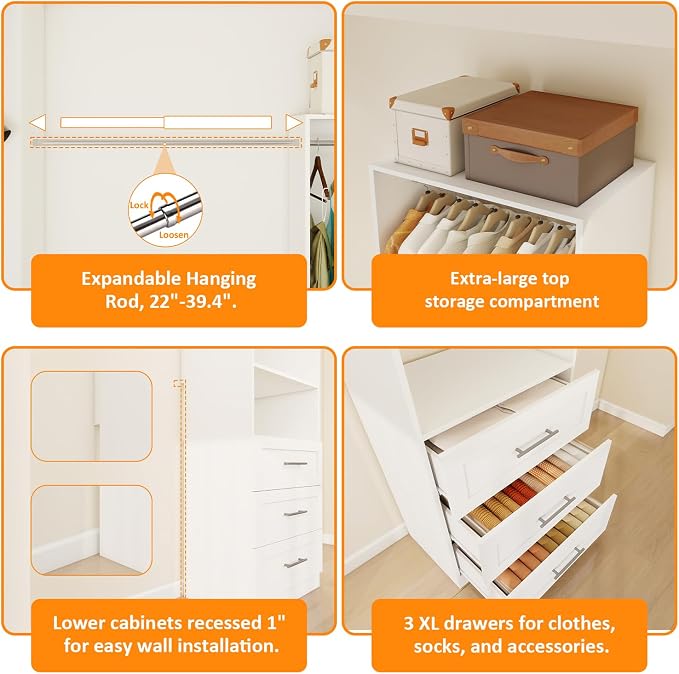 Closet System with Drawers, 2FT Closet Organize System with 3 Drawers & 2 Hanging Rods &for Walk in Closets, 24" Freestanding Closet System, White(VO-009)