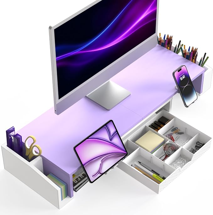 Simple Houseware Desk Dual Monitor Stand Riser with Drawer, Purple | Customizable Organizer Tray, Built-In Phone & Tablet Slot and Side Storage
