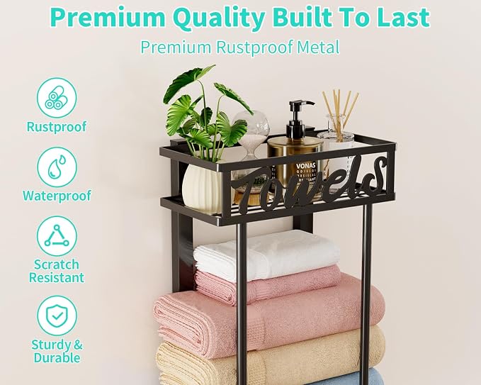 HapiRm Towel Rack Bathroom Storage - 3 Tier Over The Door & Wall Mounted Rolled Towel Racks Holder Organizer with Metal Shelf and 6 Hooks for Small Bathroom, Camper, Rv - Black (for 1.77 in Doors)