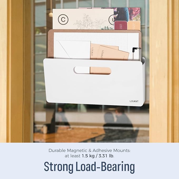 loukin Magnetic File Holder, Wall Mount Paper Organizer, 3 Mount Options | 13.1" x 5.9", Holds up to 300 sheets, Supports 3.31 lb, Magnetic, Adhesive & Screw Mount, Detachable & Portable