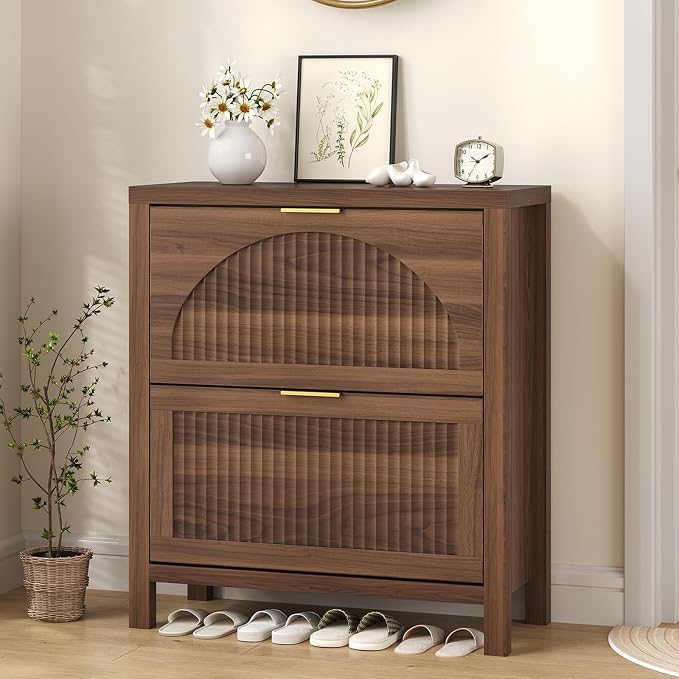 Fluted Shoe Cabinet Storage with 2 Flip Drawers for Entryway, Hallway | Hidden Shoe Rack Slim Freestanding Hidden Shoe Organizer for Foyer, Hallway, Living Room, Walnut