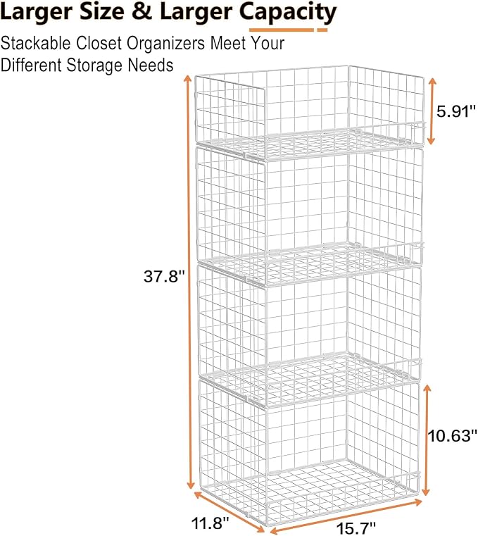 Yociyoga 4 Tier Stackable Closet Organizers and Storage Shelves, Foldable Closet Shelf Organizer System, Stackable Storage Bins Drawers for Clothes Organizer System, White（Patent No. 30022416）